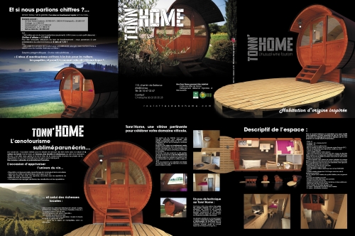 Plaquette pour Tonnhome, habitation d'origine inspirée - Création de la plaquette et du fichier 3D de l'habitation complète.